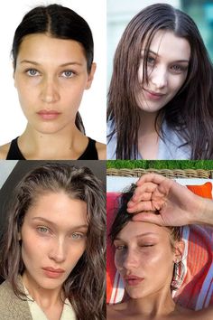 four different pictures of women with brown hair