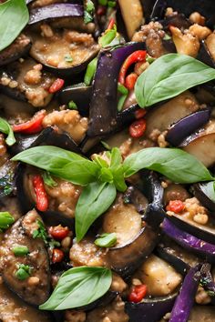 eggplant, zucchini, and red pepper stir - fry with basil