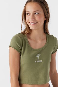 O'Neill Girl's knit short sleeve top Skim length Lettuce Hem and Sleeve Openings Crew neckline Embroidered Art 96% Cotton, 4% Elastane Knit Rib Cute Green Crew Neck Top, Basic Green Scoop Neck T-shirt, Green Basic Scoop Neck T-shirt, Green Scoop Neck Basic T-shirt, Green Scoop Neck T-shirt For Summer, Basic Green Scoop Neck Tops, Green Scoop Neck T-shirt, Green Short Sleeve Casual Top, Casual Green Scoop Neck T-shirt