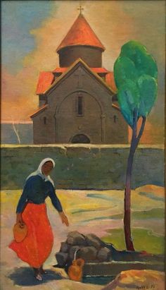 an oil painting of a woman in front of a church with a tree and rocks