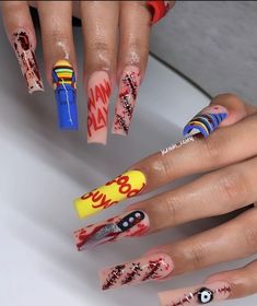 Long Ratchet Nails, Halloween Nail Designs Chucky, Xl Long Acrylic Nails Halloween, Chuckie Nail Art, Red Rum Nails, Halloween Nails Scary Movie, Chunky Nails Acrylic, Dope Nail Designs Halloween