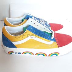 Size: Men's 6.0 / Women's 7.5 Color: Anaheim Factory Og Color Mix/Scene As Multi-Color Yellow, Blue, Red, Green, White - Canvas And Suede Upper. Yellow Sides And Green Tongue Are Canvas. Red And Blue Sections Are Suede. - Waffle Rubber Outsole. - Rainbows Printed Around Midsole. - White Lace-Up. - Condition Note: There Is A Small Imperfection To The Canvas On The Right Shoe (See Photos 6-7 Close Ups). Rare! New With Tag, Without Box As Pictured. 100% Authentic From Vans. See Photos For Details. Retro Multicolor Low-top Skate Shoes, Retro Multicolor Skate Shoes For Sports, Multicolor Retro Skate Shoes, Retro Multicolor Skate Shoes With Round Toe, Retro Yellow Sneakers For Skateboarding, Yellow Retro Sneakers For Skateboarding, Colorful Retro Sneakers For Streetwear, Retro Colorful Sneakers For Streetwear, Retro Multicolor Custom Sneakers With Round Toe