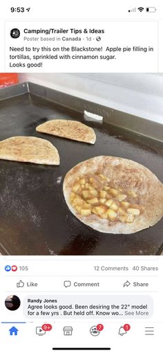 two pita breads cooking on top of an electric griddle with the words camping / trailer tips & ideas