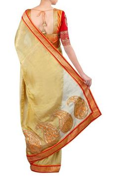 Shop for Latha Puttanna Gold Applique Work Embroidered Saree With Blouse for Women Online at Aza Fashions Designer Embroidered Gold Pre-draped Saree, Designer Gold Embroidered Pre-draped Saree, Gold Embroidered Art Silk Pre-draped Saree, Gold Art Silk Pre-draped Saree With Resham Embroidery, Gold Anarkali Pre-draped Saree With Embroidery, Gold Anarkali Pre-draped Embroidered Saree, Gold Silk Embroidered Traditional Wear, Transitional Gold Saree With Resham Embroidery, Gold Embroidered Silk Traditional Wear