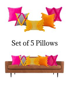 a set of five pillows sitting on top of a brown couch next to each other