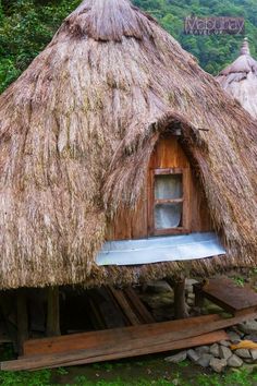 an old thatched roof with a window