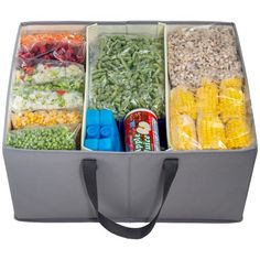 a cooler filled with lots of different types of vegetables and food in it's compartments