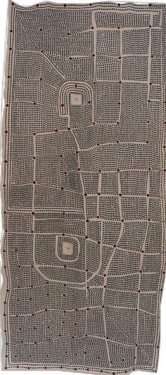 a black and white rug with red dots on it's edges, in the shape of a city map