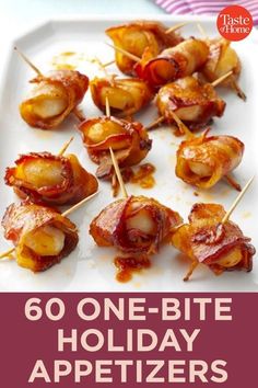 christmas eve snack idea with bacon wrapped in toothpicks on a white platter