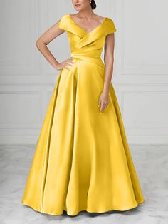 Fabric: Satin   Silhouette:   A-Line/Princess    Neckline: V-Neck   Hemline/Train: Floor-Length   Embellishment: Ruched   Sleeve: Short Sleeves   Shown Color: Royal Blue Yellow Dresses, Ruched Sleeve, Bride Dresses, Mother Of The Bride Dresses, Yellow Dress, Bride Dress, Mother Of The Bride, Favorite Color, Floor Length