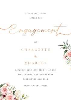 an engagement party with pink flowers and greenery on the front, in gold foil