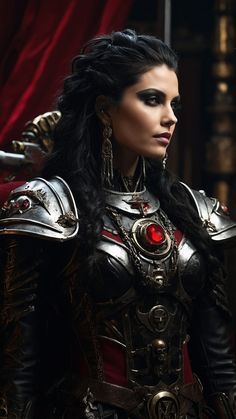 a woman dressed in armor with red eyes