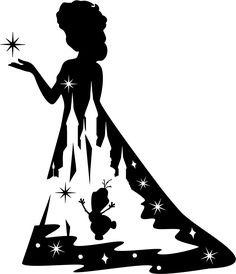 a black and white silhouette of a woman in a dress with stars on her head