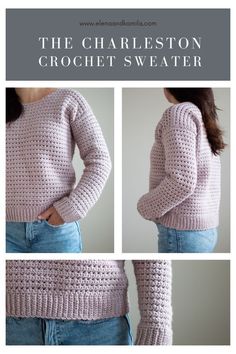 the charleston crochet sweater is shown in three different views