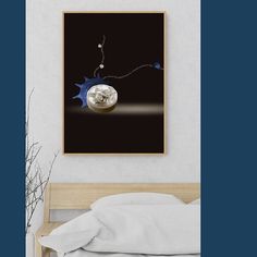 a bedroom scene with focus on the bed and an art piece hanging above it's headboard