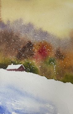 a watercolor painting of a snowy scene with a barn and trees in the background