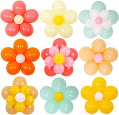 six different colored balloons in the shape of flowers