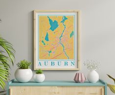 a framed map of the city of auburn in blue, yellow and green on a wall