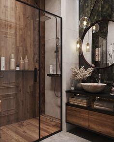 a bathroom with a sink, mirror and shower in it's centerpieces