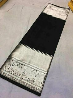 Black with elephant and peacock border. Yes please! Black Kanjeevaram Sarees, Saree Border Designs, Kanjeevaram Sarees, Saree Blouse Neck Designs, Indian Silk Sarees, Border Designs