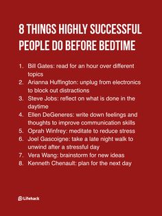 a red poster with the words 8 things highly successful people do before bedtime on it