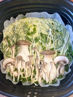 an image of mushrooms in the crock pot with herbs and sauces on it