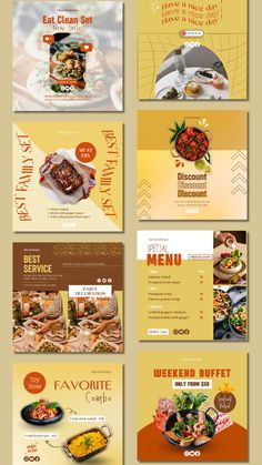 a series of brochures with different food items on them