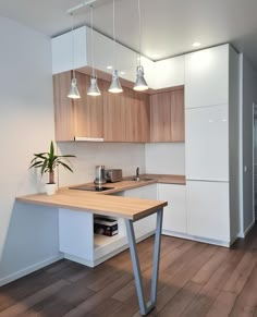 a kitchen with wooden flooring and white cabinets next to a potted plant on the counter