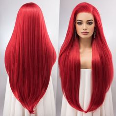 "* Color: Red * Texture: Straight * Wig Type: Lace Front Wig * Length: About 32\" * Cap Size: 21\"-22.5\" * Parting: 13\" X 3\" Lace Free Part * Material: Heat Resistant Fiber * Lace Type: Swiss Lace * Combs: 3 Combs" Kids Wigs Red, Red Queen Wig, Red Lace Wig, Mermaid Wig, Silver Wigs, Red Texture, Chemo Hair, Red Wig, Wig Party