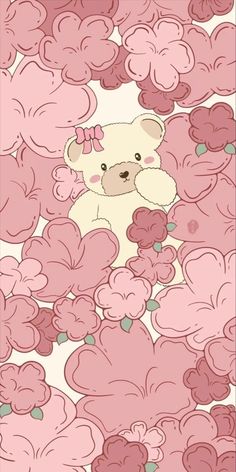 a teddy bear surrounded by pink flowers