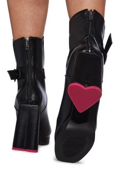 cuz you make my heart skip a beat. These platform boots have a vegan leather construction, a metal heart buckle, heart shaped block heels, and back zipper closures. Black And Pink Boots, Dollskill Boots, Platform Boots Goth, Combat Boots Platform, Heart Heels, Heart Boots, Alt Shoes, Heart Clothing, Glam Shoes