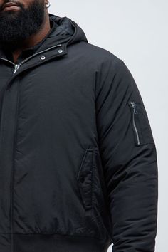 Model Height: 6'1 - Wearing Large Big & Tall: Height 6'5 - Wearing XXL Available In Black. Full Zip Hood Neck Button Closure Front Zipper Closure Side Snap Button Pockets Shell: 100% Nylon Lining: 100% Polyester Filling: 100% Polyester Contrast Rib: 99% Polyester 1% Spandex Imported | Mens Full Zip Hood Parka Bomber Jacket in Black size 3XL by Fashion Nova Solid Color Outerwear With Button Closure For Streetwear, Casual Long Sleeve Hooded Jacket With Padded Collar, Casual Hooded Jacket With Padded Collar, Urban Outerwear With Button Closure In Solid Color, Urban Outerwear With Button Closure, Urban Winter Outerwear With Button Closure, Casual Solid Parka With Padded Collar, Fitted Urban Outerwear For Cold Weather, Urban Fitted Outerwear With Button Closure