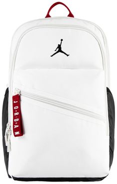 Fit & Design: Sporty Jordan backpack Spacious main zippered compartment with a built-in laptop sleeve Front compartment complete with organizational pocket for smaller items Side bottle pockets Adjustable chest strap and padded straps for comfort Additional Details: Spot clean White Travel Backpack With Water Bottle Pocket, Sports Backpack With Zipper Pocket, White Backpack With Zipper Closure For Outdoor, White Backpack With Zipper For Outdoor Activities, Functional White Backpack, White Backpack With Water Bottle Pocket, White Backpack With Functional Pockets, White Nylon Backpack With Zipper Pocket, Jordan Backpack