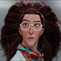 an animated image of a woman with long hair wearing glasses and a scarf around her neck