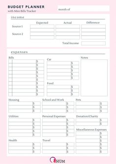 a printable budget planner is shown in pink