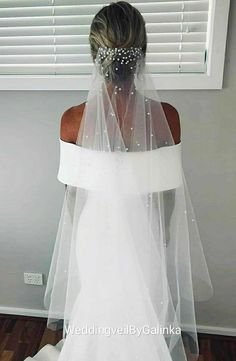 the back of a bride's wedding dress with a veil over her shoulder and beaded headpiece