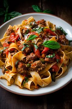 a white plate topped with pasta covered in sauce and meats, garnished with green leaves