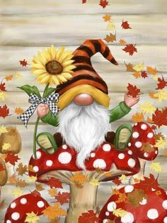 a painting of a gnome sitting on top of a mushroom with autumn leaves around him