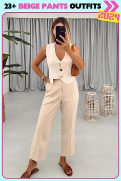 Beige pants paired with a structured white vest for a casual cool vibe. This effortlessly chic outfit combines a laid-back feel with sharp tailoring, making it ideal for everyday outings. Cream Slacks Outfit, Cream Slacks Outfit Women, Cream Monochrome Outfit, White Vest