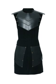 a black leather dress with metal details on the shoulders and back, as well as an apron