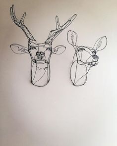 two deer head mounted to the side of a wall