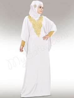 Nelam Gold Embroidered White Kaftan | MyBatua | http://www.mybatua.com/womens/kaftans-1 Muslim Dress Party, Abaya White, Abaya Online, White Kaftan, Muslim Dresses, Shopping Link, Kaftan Abaya, Kaftan Style, Muslim Dress