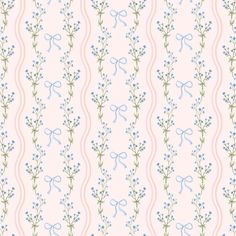 a pink and blue floral pattern on a wallpaper with ribbons, bows and flowers