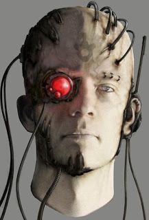 an alien man with red eyes and wires around his head