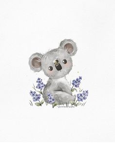 a watercolor drawing of a koala bear sitting in the grass with blue flowers