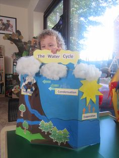 a young child standing in front of a cardboard water cycle box with clouds and stars on it