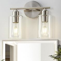 two light bathroom vanity fixture with clear glass shades and metal frame, shown in brushed steel finish