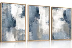 three abstract paintings in gold frames on a white background, each with different shades of blue