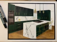 a drawing of a kitchen with green cabinets and white marble counter tops, gold accents