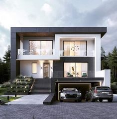 two cars are parked in front of a modern house with stairs leading up to the second floor